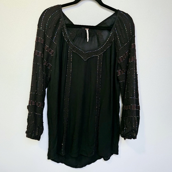 Free people Small Oversized Bohemian Metallic Beaded Black Embroidered Blouse - Picture 2 of 9